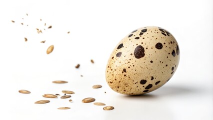 Obraz premium Quail Egg with Seeds Close-up Photography, Dynamic Composition, Natural Texture, Quail Egg, Seeds Quail egg, Macro photography