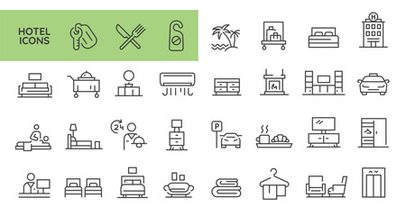Hotel and hospitality icons. 31 of hotel and hospitality trendy minimal icons. Bed, Reception, Car, Bellhop icon. Design signs for web page, mobile app, packaging design. Vector illustration
