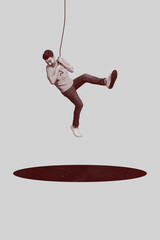 Art image vertical photo collage of shocked businessman hang rope problem black hole doodle...