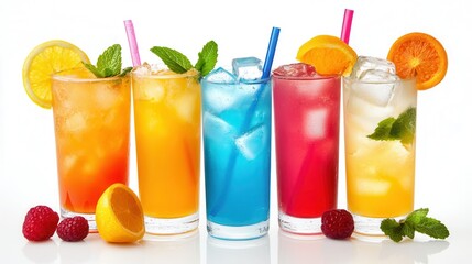 Four vibrant drinks with colorful straws and fresh orange slices displayed on a clean white surface, creating a refreshing and inviting scene.