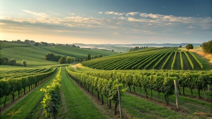 Fototapeta premium Sunrise Vineyard Rows Landscape Photography, Rolling Hills, Green Vines, Golden Hour Vineyard, Landscape Photography