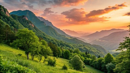 Naklejka premium Sunset Mountain Landscape Lush Green Valley, Dramatic Sky, Wide Composition, Nature Photography, Scenery, Landscape Nature Photography, Mountain Scenery