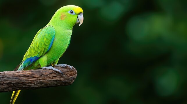 Small green parrotlet perched on a wooden branch against a soft green forest background.