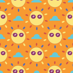 A pattern of suns with sunglasses on them. The suns are yellow and the sunglasses are purple