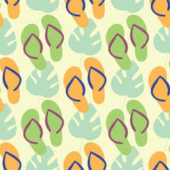 A pattern of green and yellow flip flops and a leaf. The flip flops are in various sizes and are scattered throughout the pattern