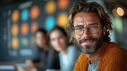 Confident man smiling, office background, team meeting, leadership
