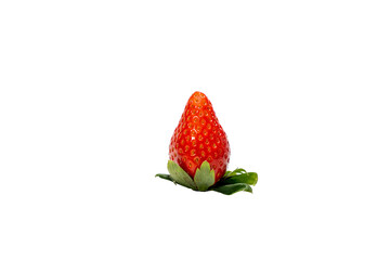 A strawberry is on a leaf. Strawberry isolated on white background. The stem is visible. The leaf is green. The strawberry is red