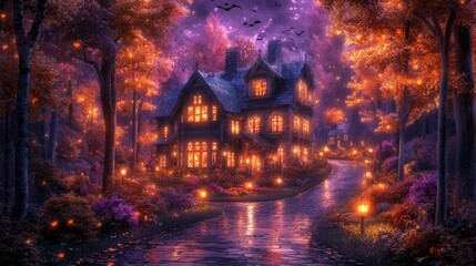 Enchanted house in autumnal forest at night, glowing with warm lights and bats flying overhead. Perfect for Halloween, fantasy, or fairytale themed projects, evoking mystery and magic.