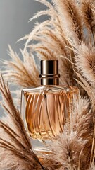 Fototapeta premium Perfume bottle and pampas grass. Concept of expensive perfume and cosmetics. Floral fragrance for women and men. Perfume spray.
