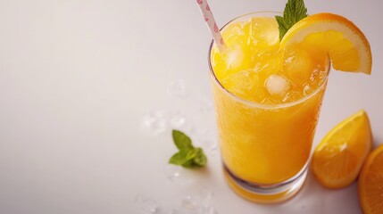 A refreshing glass of orange juice features a straw and is garnished with a slice of orange, perfect for a sunny day.