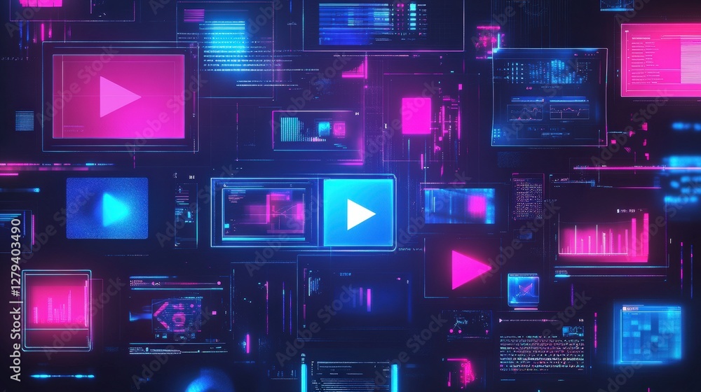 Poster colorful digital interface displaying various media elements and analytics in a futuristic setting