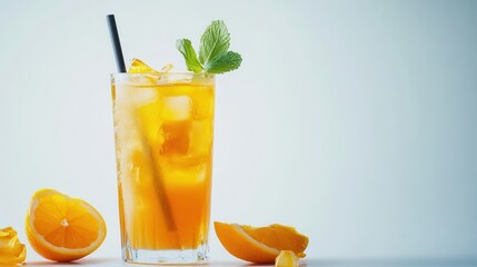 A refreshing glass of orange juice garnished with a mint leaf and a straw, invitingly presented for a delightful experience.
