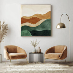Modern wall art mockup: abstract landscape, green/beige tones, chairs, gold legs, side table, plants, lamp, cream rug, cozy