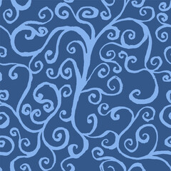 Hand drawn abstract monochrome blue botanical seamless pattern with rough edges swirls. Rustic floral silhouettes repeat wallpaper.