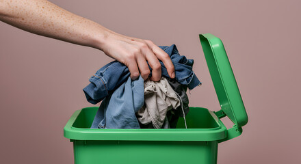 A hand placing a pile of mixed clothing into a green recycling bin. The clothing includes denim and light-colored fabrics, emphasizing eco-friendly practices.