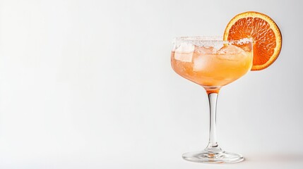 A refreshing glass of orange juice garnished with a vibrant slice of orange, showcasing a bright and appetizing beverage.