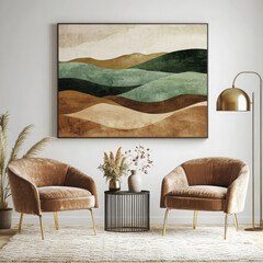 Modern wall art mockup: abstract landscape, green/beige tones, chairs, gold legs, side table, plants, lamp, cream rug, cozy