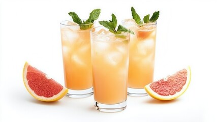 Three refreshing glasses of orange juice garnished with mint leaves and served alongside fresh grapefruits.