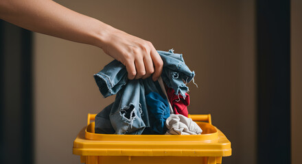 A hand placing a pile of colorful, worn-out clothes into a yellow recycling bin. The clothes include denim, red, blue, and white fabrics, showcasing a casual, everyday scene of textile recycling.