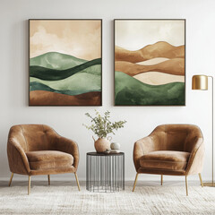 Modern wall art mockup: abstract landscape, green/beige tones, chairs, gold legs, side table, plants, lamp, cream rug, cozy