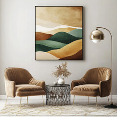 Modern wall art mockup: abstract landscape, green/beige tones, chairs, gold legs, side table, plants, lamp, cream rug, cozy
