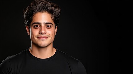 Fototapeta premium Portrait of a smiling young Hispanic man against a black background.