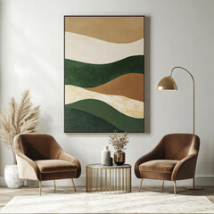 Modern wall art mockup: abstract landscape, green/beige tones, chairs, gold legs, side table, plants, lamp, cream rug, cozy