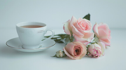 A cup of tea with pink flowers on an isolated white background, object focused, png, stock image, hd quality, 