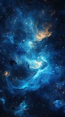Fototapeta premium Bright blue and golden swirling nebula in the vast universe filled with stars and cosmic dust