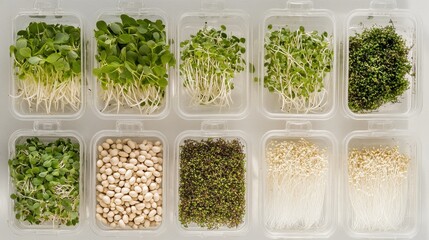 A top-down view of a neatly arranged sprouting setup, featuring multiple containers filled with growing bean sprouts at different stages of growth.