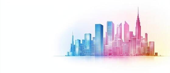 Obraz premium A colorful skyline illustration showcasing modern skyscrapers with a gradient effect, symbolizing urban development and growth.