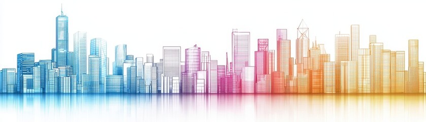 A vibrant city skyline illustration featuring colorful buildings with a modern aesthetic, showcasing urban life and architectural diversity.