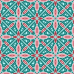 Fototapeta premium Seamless abstract floral pattern in pink, red, and green tones, symmetrical design creates a visually harmonious and decorative look, making it suitable for prints, wallpapers, textiles, and wrapping.