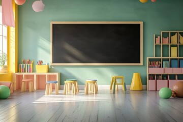 Bright classroom with empty blackboard. AI generated illustration.