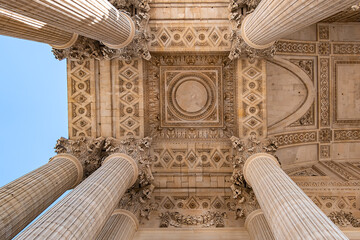 Fragments of Pantheon (originally built as a church dedicated to St. Genevieve, 1758 - 1790, now secular mausoleum). View from place du Pantheon. Latin Quarter. Paris, France.
