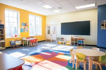 Bright classroom with empty blackboard. AI generated illustration.