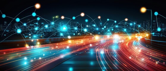 Fototapeta premium A vibrant nighttime cityscape with colorful light trails and glowing nodes, depicting the flow of traffic and connectivity.