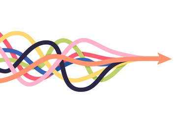 Arrows merger. Abstract diversity arrow merge, unity partnership teamwork company consolidate collaboration concept, business partner alliance together path mix vector illustration