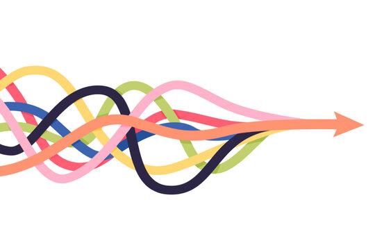 Arrows merger. Abstract diversity arrow merge, unity partnership teamwork company consolidate collaboration concept, business partner alliance together path mix vector illustration