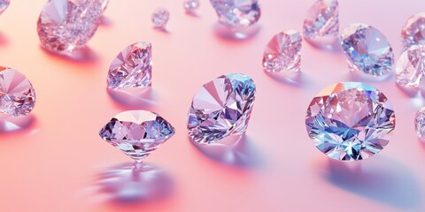 A stunning collection of sparkling diamonds scattered on a softly lit surface. Each diamond reflects light beautifully. Ideal for luxury themes and jewelry designs. AI