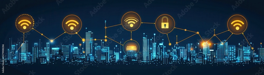 Poster a digital skyline with icons representing wi-fi and security, illustrating connectivity and technolo
