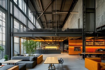 Contemporary large warehouse with metal structure on ceiling. AI generated illustration.