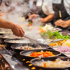 Close-up View of a Chef Preparing a Flavorful Dish in a Busy Commercial Kitchen