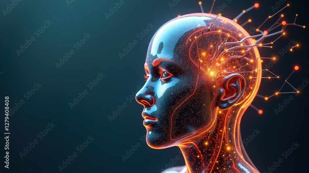 Fototapete 3d rendering of human biology fusing with machine intelligence, biomechanical structures forming an 