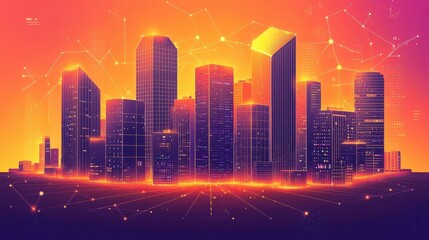 Naklejka premium A vibrant city skyline at sunset, featuring modern skyscrapers illuminated with orange and purple hues, symbolizing innovation and technology.