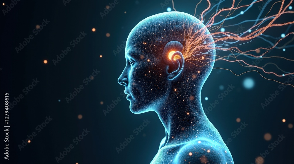 Fototapete 3d rendering of human biology fusing with machine intelligence, biomechanical structures forming an 