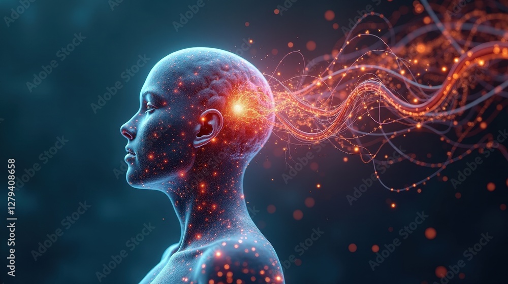 Fototapete 3d rendering of human biology fusing with machine intelligence, biomechanical structures forming an 