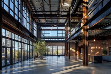 Contemporary large warehouse with metal structure on ceiling. AI generated illustration.