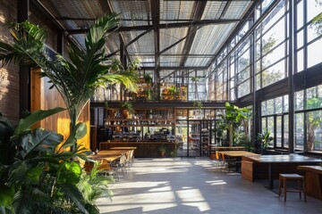Fototapeta premium Contemporary large warehouse with metal structure on ceiling. AI generated illustration.