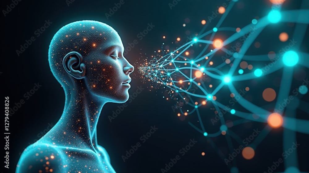 Fototapete 3d rendering of human biology fusing with machine intelligence, biomechanical structures forming an 